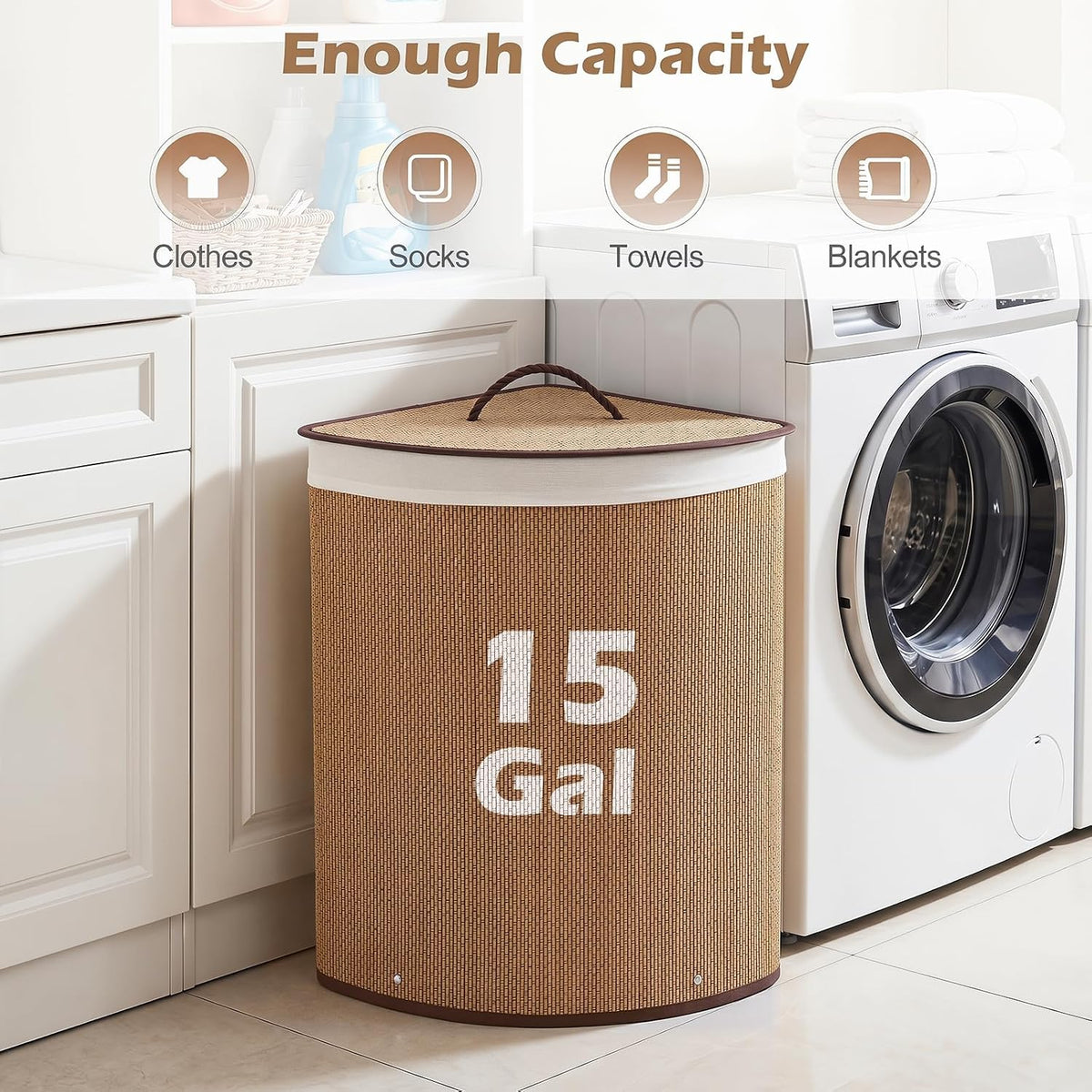 15 Gal Corner Laundry Hamper w/Lid, Removable Liner & Handle Beige
