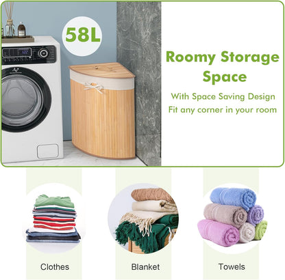 15 Gal Corner Laundry Hamper w/Lid, Removable Liner & Handle Beige