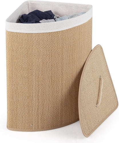 15 Gal Corner Laundry Hamper w/Lid, Removable Liner & Handle Beige