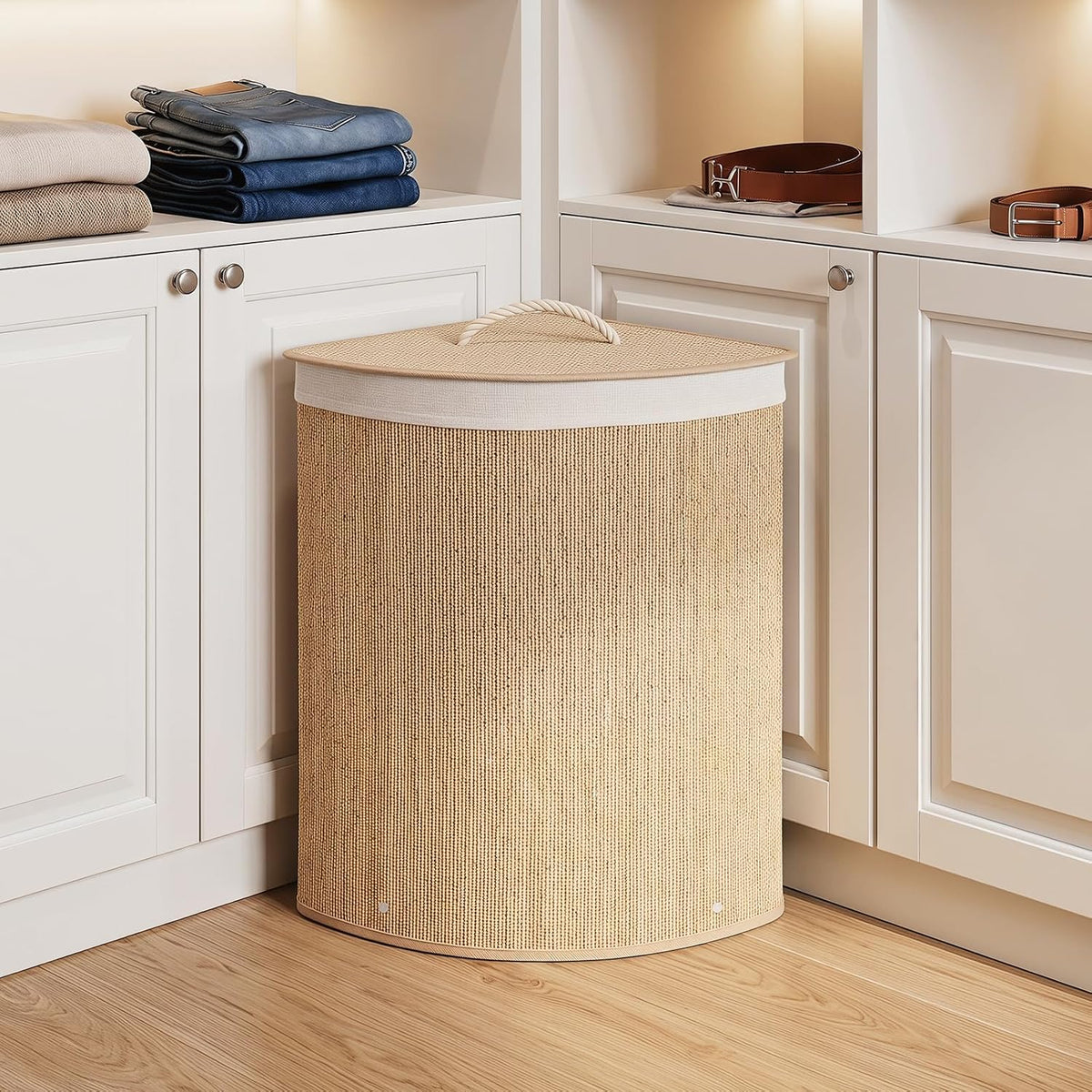 15 Gal Corner Laundry Hamper w/Lid, Removable Liner & Handle Beige