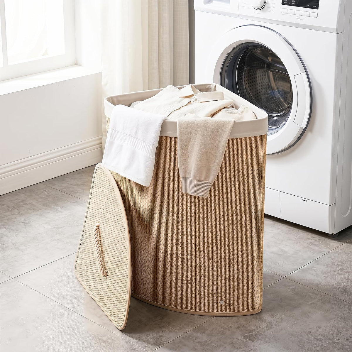 15 Gal Corner Laundry Hamper w/Lid, Removable Liner & Handle Beige