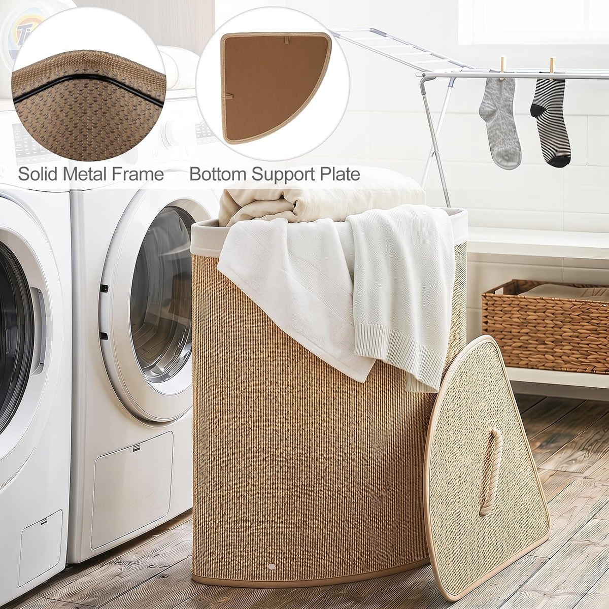 15 Gal Corner Laundry Hamper w/Lid, Removable Liner & Handle Beige