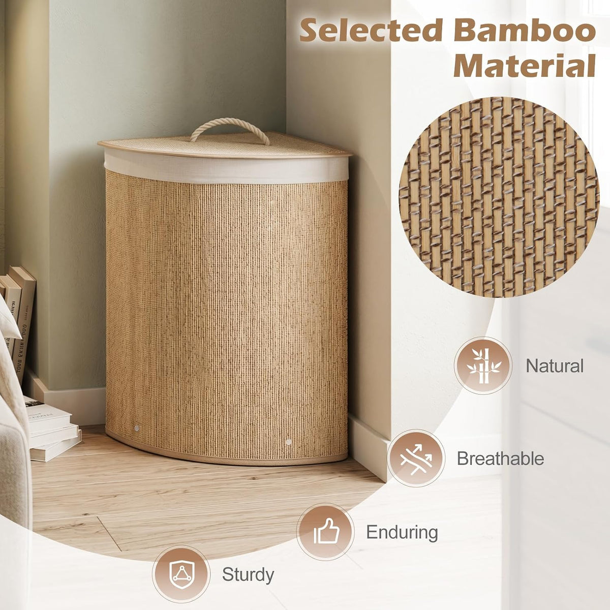 15 Gal Corner Laundry Hamper w/Lid, Removable Liner & Handle Beige