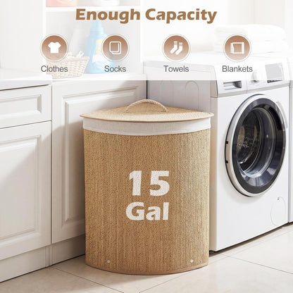 15 Gal Corner Laundry Hamper w/Lid, Removable Liner & Handle Beige