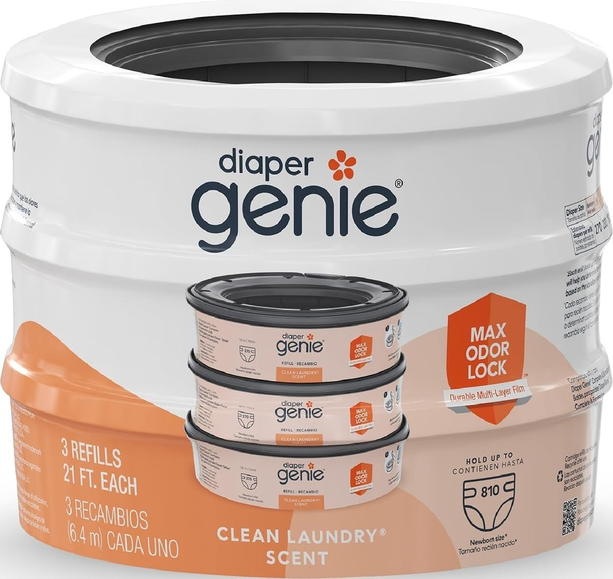 Bags Refills 270 Count (Pack of 3) Clean Laundry Scent | Diaper Pail Refills with Max Odor Lock | Holds up to 810 Newborn Diapers