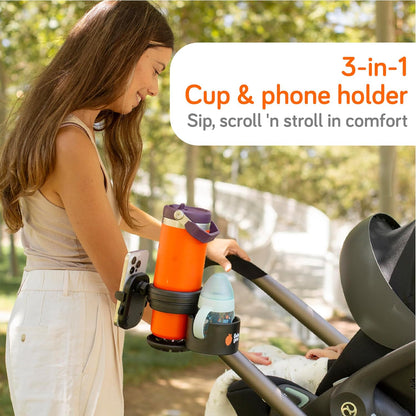 3-in-1 Cup Holder Phone Holder - Universal Stroller Cup Holder Attachment with 360° Phone Mount, Stanley Cupholder for Stroller, Stroller Accessories