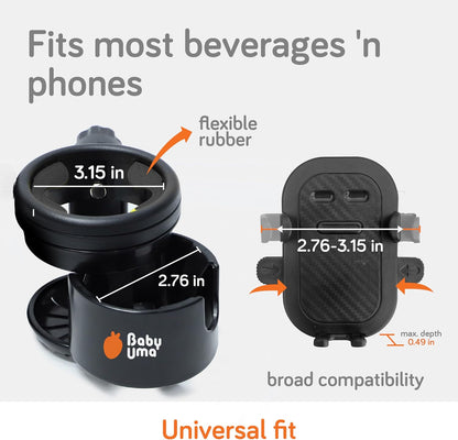 3-in-1 Cup Holder Phone Holder - Universal Stroller Cup Holder Attachment with 360° Phone Mount, Stanley Cupholder for Stroller, Stroller Accessories