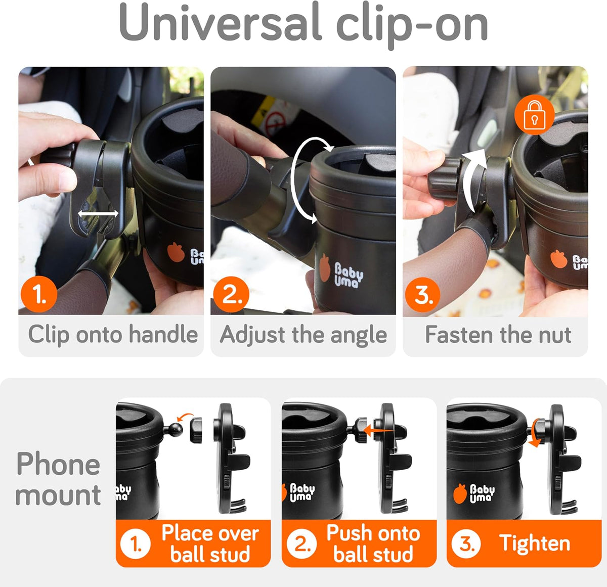 3-in-1 Cup Holder Phone Holder - Universal Stroller Cup Holder Attachment with 360° Phone Mount, Stanley Cupholder for Stroller, Stroller Accessories