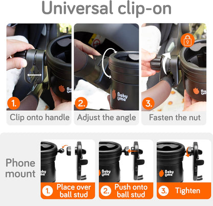3-in-1 Cup Holder Phone Holder - Universal Stroller Cup Holder Attachment with 360° Phone Mount, Stanley Cupholder for Stroller, Stroller Accessories
