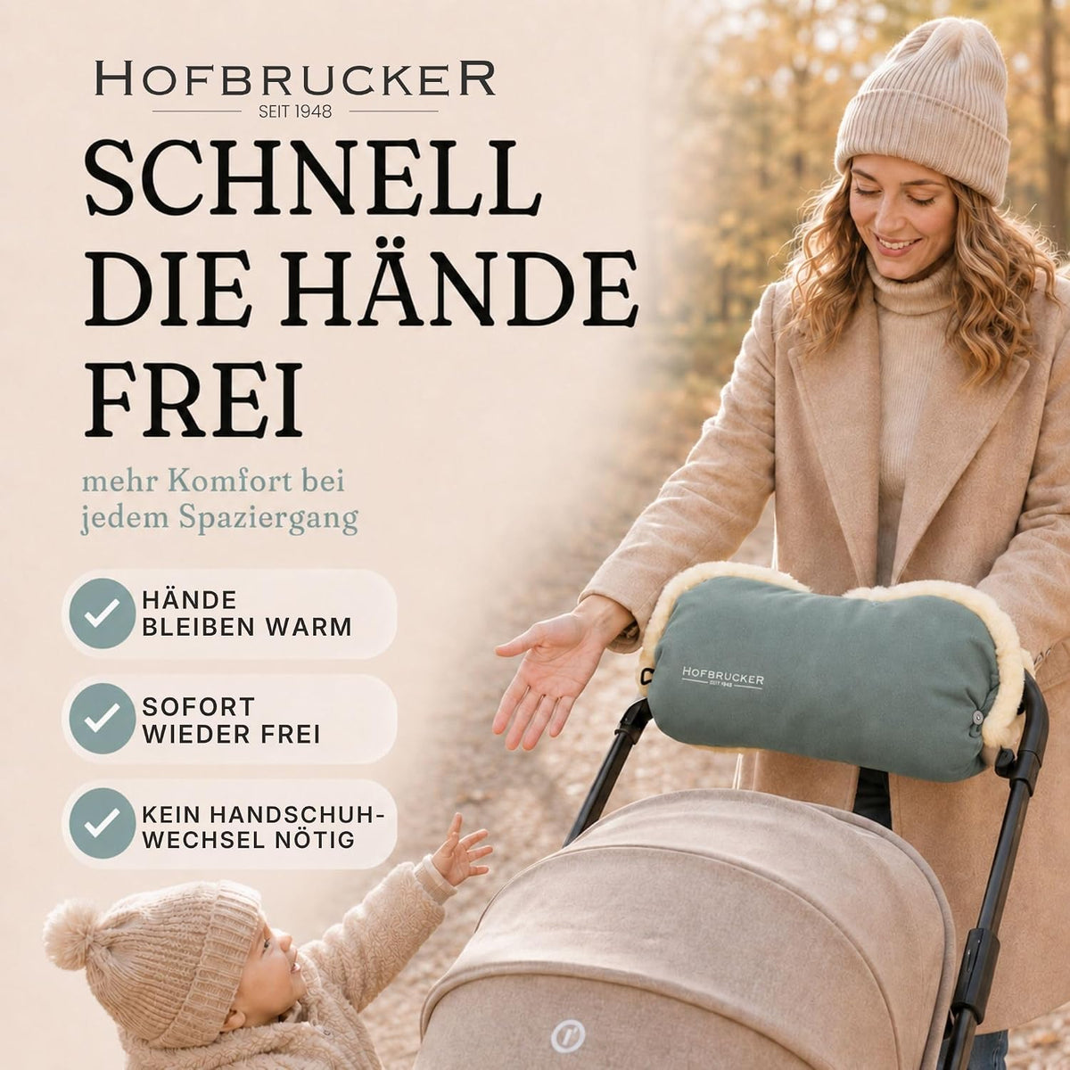 Stroller Handwarmer – Lambskin Lined Hand Muff for Parents, Winter Stroller Accessory, Windproof & Water-Resistant