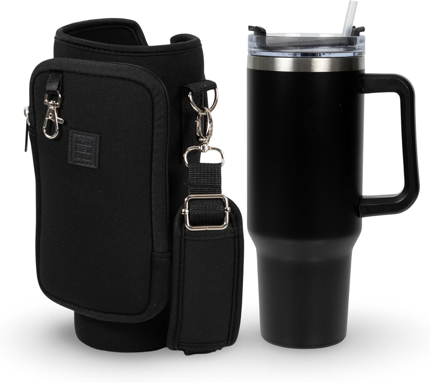 Cup Tumbler & Carrier Cell Pocket - Water, Tea, Coffee, Juice - Neoprene Sleeve Pouch Shoulder Strap - Stainless Steel Vacuum Insulated Bottle, Lid, Straw, Carabiner (Black, 40oz)