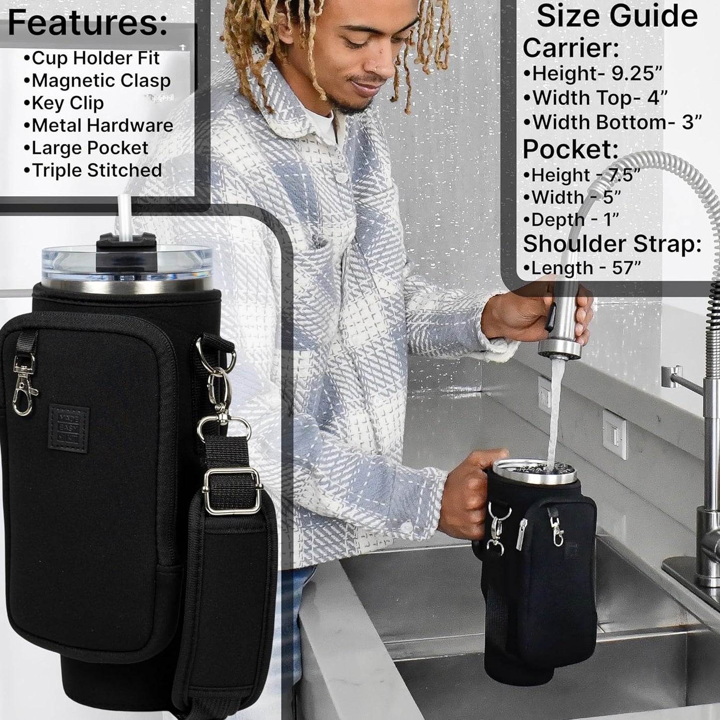 Cup Tumbler & Carrier Cell Pocket - Water, Tea, Coffee, Juice - Neoprene Sleeve Pouch Shoulder Strap - Stainless Steel Vacuum Insulated Bottle, Lid, Straw, Carabiner (Black, 40oz)