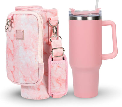 Cup Tumbler & Carrier Cell Pocket - Water, Tea, Coffee, Juice - Neoprene Sleeve Pouch Shoulder Strap - Stainless Steel Vacuum Insulated Bottle, Lid, Straw, Carabiner (Black, 40oz)