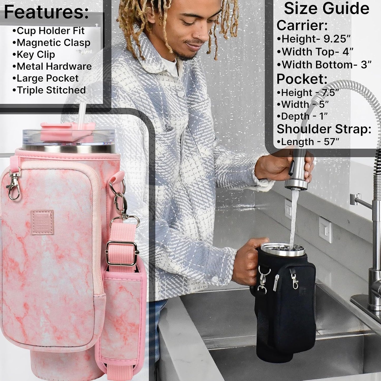 Cup Tumbler & Carrier Cell Pocket - Water, Tea, Coffee, Juice - Neoprene Sleeve Pouch Shoulder Strap - Stainless Steel Vacuum Insulated Bottle, Lid, Straw, Carabiner (Black, 40oz)