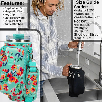 Cup Tumbler & Carrier Cell Pocket - Water, Tea, Coffee, Juice - Neoprene Sleeve Pouch Shoulder Strap - Stainless Steel Vacuum Insulated Bottle, Lid, Straw, Carabiner (Black, 40oz)