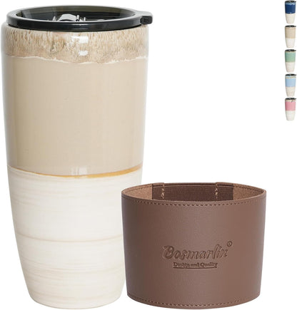 Ceramic Travel Coffee Cup with Lid, 21 oz, Portable Coffee Mug for Car Cup Holder, Microwave and Dishwasher Safe, Reactive Glaze (Brown Grey)