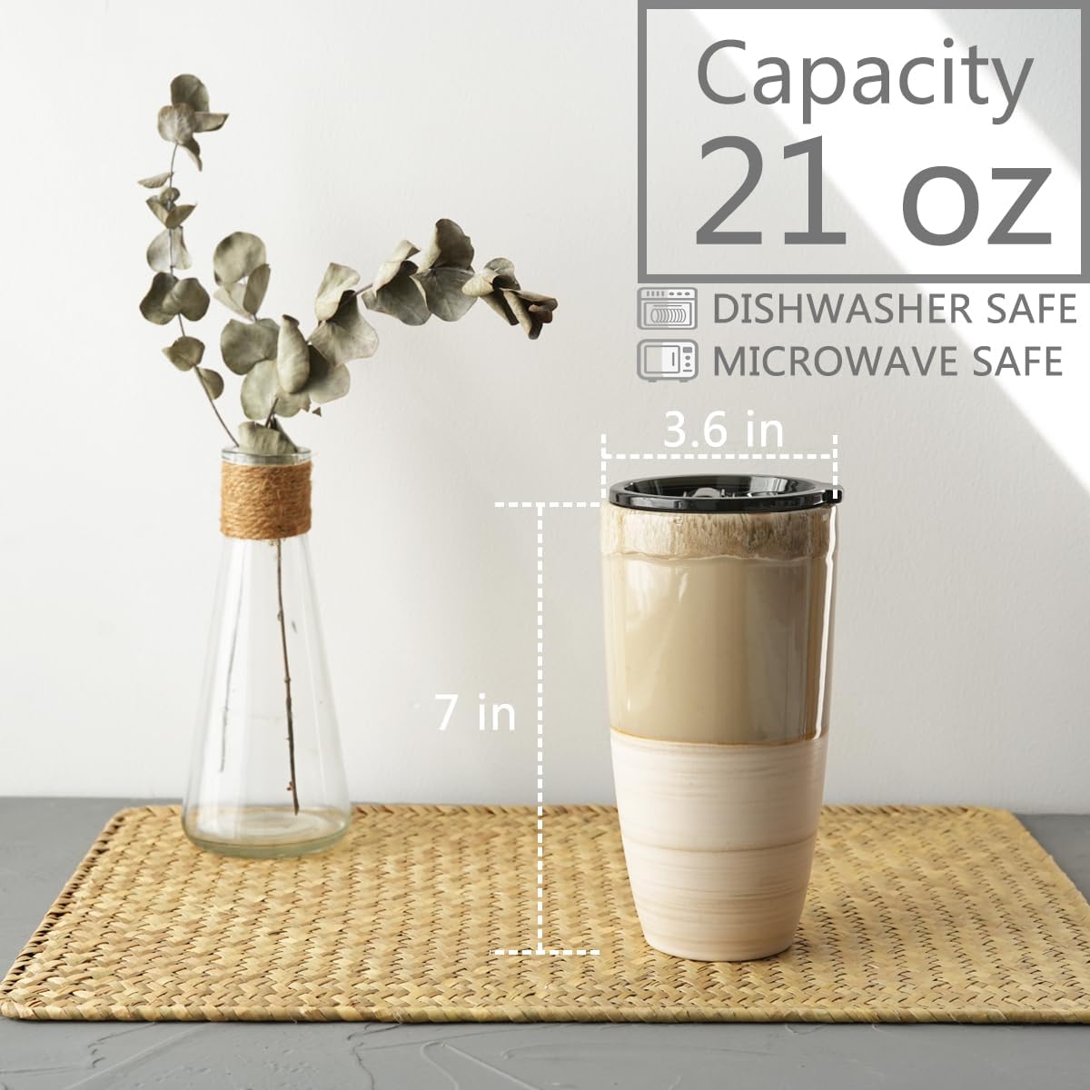 Ceramic Travel Coffee Cup with Lid, 21 oz, Portable Coffee Mug for Car Cup Holder, Microwave and Dishwasher Safe, Reactive Glaze (Brown Grey)
