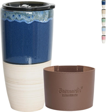 Ceramic Travel Coffee Cup with Lid, 21 oz, Portable Coffee Mug for Car Cup Holder, Microwave and Dishwasher Safe, Reactive Glaze (Brown Grey)