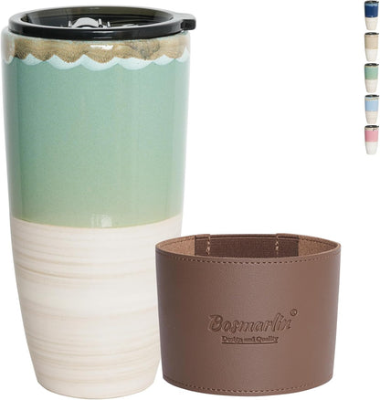 Ceramic Travel Coffee Cup with Lid, 21 oz, Portable Coffee Mug for Car Cup Holder, Microwave and Dishwasher Safe, Reactive Glaze (Brown Grey)