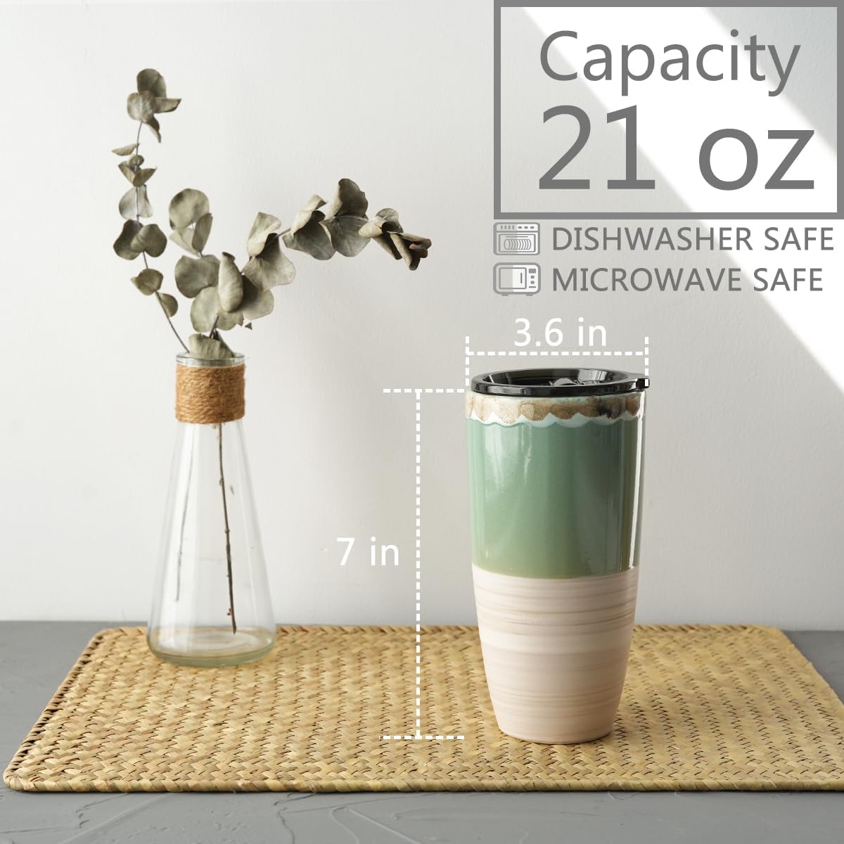 Ceramic Travel Coffee Cup with Lid, 21 oz, Portable Coffee Mug for Car Cup Holder, Microwave and Dishwasher Safe, Reactive Glaze (Brown Grey)