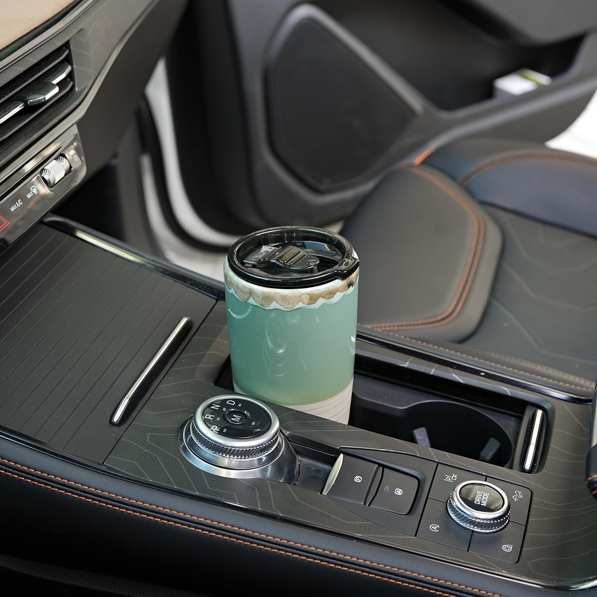 Ceramic Travel Coffee Cup with Lid, 21 oz, Portable Coffee Mug for Car Cup Holder, Microwave and Dishwasher Safe, Reactive Glaze (Brown Grey)