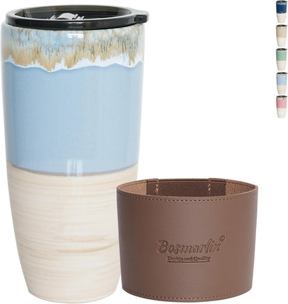 Ceramic Travel Coffee Cup with Lid, 21 oz, Portable Coffee Mug for Car Cup Holder, Microwave and Dishwasher Safe, Reactive Glaze (Brown Grey)