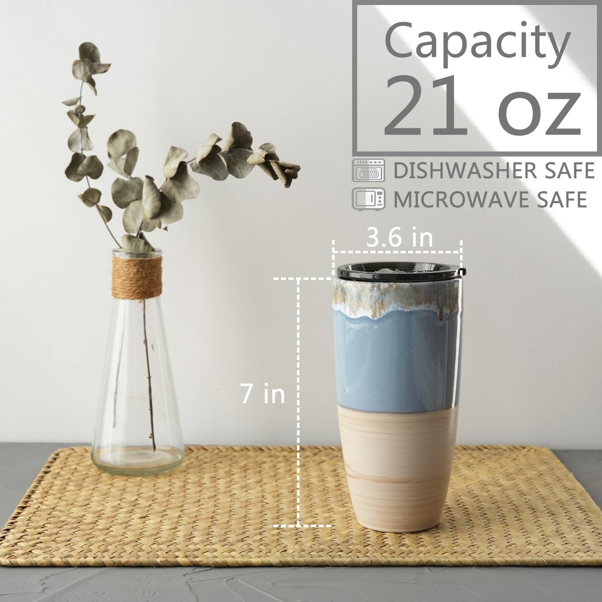 Ceramic Travel Coffee Cup with Lid, 21 oz, Portable Coffee Mug for Car Cup Holder, Microwave and Dishwasher Safe, Reactive Glaze (Brown Grey)