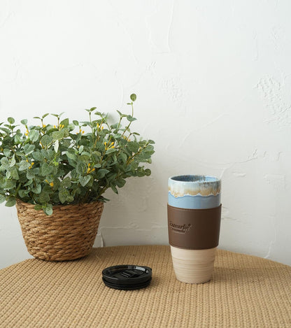 Ceramic Travel Coffee Cup with Lid, 21 oz, Portable Coffee Mug for Car Cup Holder, Microwave and Dishwasher Safe, Reactive Glaze (Brown Grey)