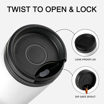 16 oz Travel Coffee Mug with Twist-Open Lid, Leak Proof Coffee Travel Mug, Insulated Tumbler Stainless Steel Coffee Cup For Hot And Iced Cold, Spill Proof Fits Cup Holder (Black)