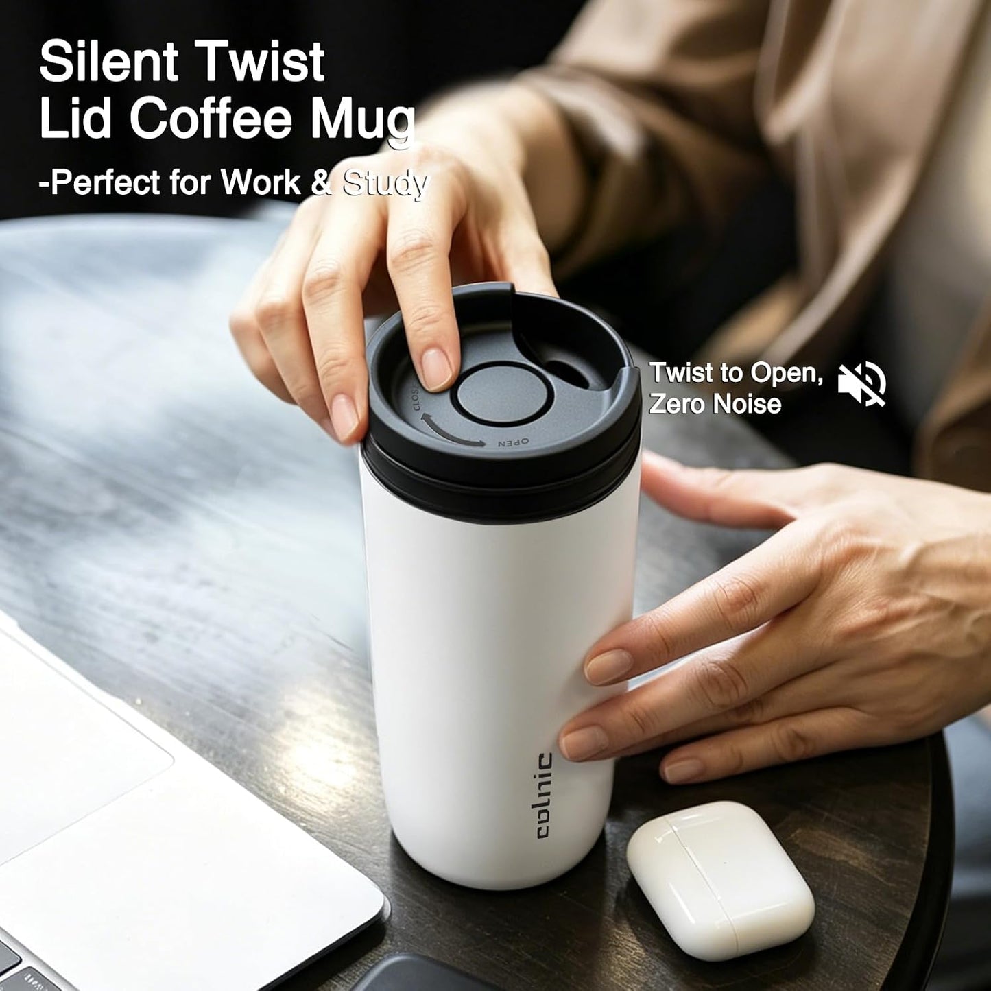 16 oz Travel Coffee Mug with Twist-Open Lid, Leak Proof Coffee Travel Mug, Insulated Tumbler Stainless Steel Coffee Cup For Hot And Iced Cold, Spill Proof Fits Cup Holder (Black)