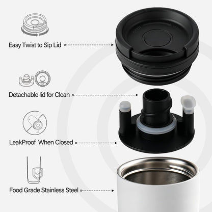 16 oz Travel Coffee Mug with Twist-Open Lid, Leak Proof Coffee Travel Mug, Insulated Tumbler Stainless Steel Coffee Cup For Hot And Iced Cold, Spill Proof Fits Cup Holder (Black)