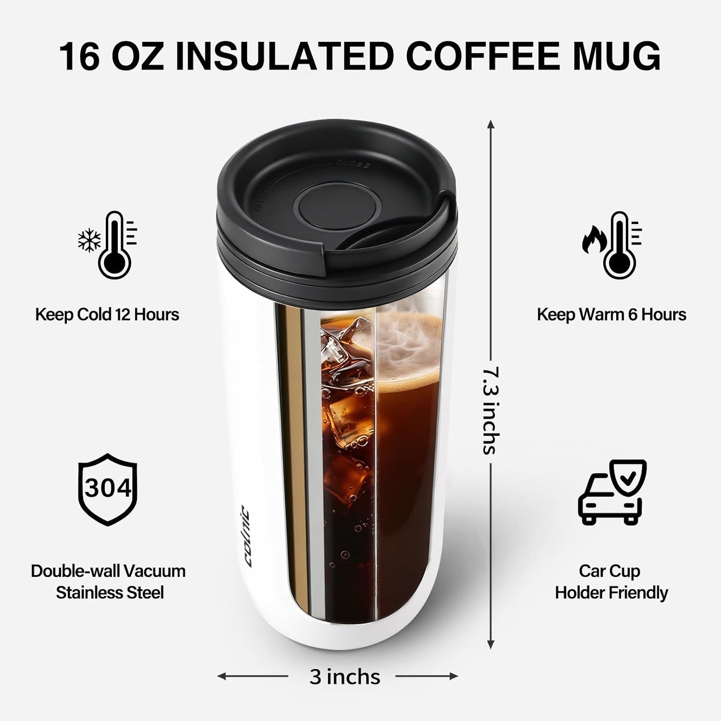 16 oz Travel Coffee Mug with Twist-Open Lid, Leak Proof Coffee Travel Mug, Insulated Tumbler Stainless Steel Coffee Cup For Hot And Iced Cold, Spill Proof Fits Cup Holder (Black)