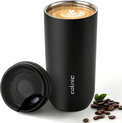 16 oz Travel Coffee Mug with Twist-Open Lid, Leak Proof Coffee Travel Mug, Insulated Tumbler Stainless Steel Coffee Cup For Hot And Iced Cold, Spill Proof Fits Cup Holder (Black)
