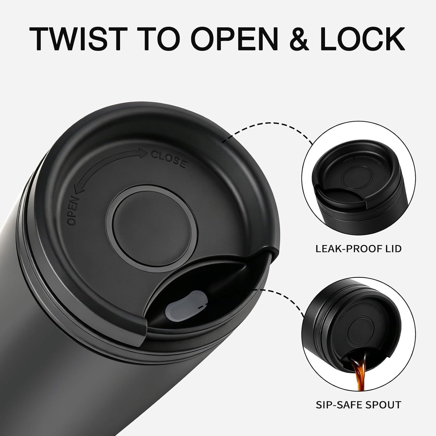 16 oz Travel Coffee Mug with Twist-Open Lid, Leak Proof Coffee Travel Mug, Insulated Tumbler Stainless Steel Coffee Cup For Hot And Iced Cold, Spill Proof Fits Cup Holder (Black)