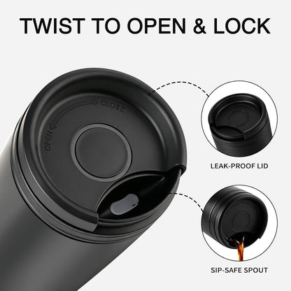 16 oz Travel Coffee Mug with Twist-Open Lid, Leak Proof Coffee Travel Mug, Insulated Tumbler Stainless Steel Coffee Cup For Hot And Iced Cold, Spill Proof Fits Cup Holder (Black)