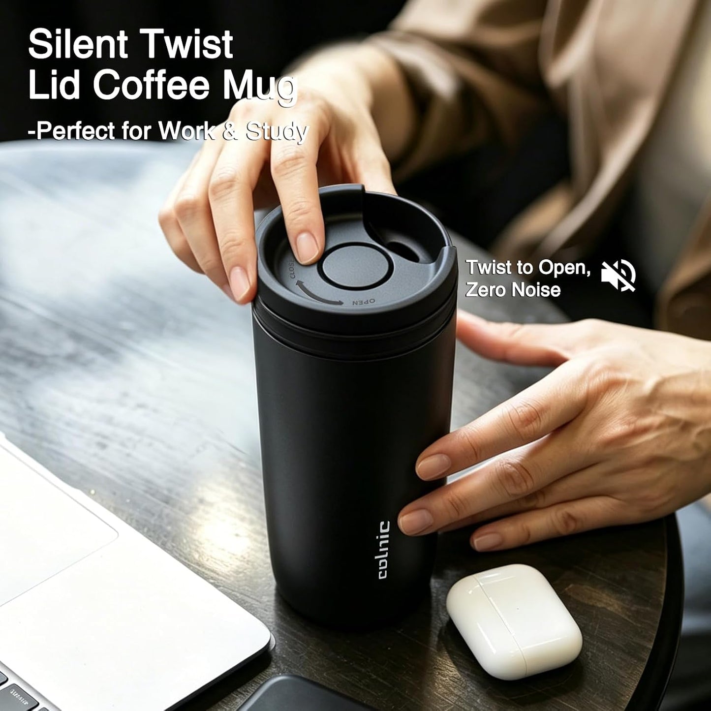 16 oz Travel Coffee Mug with Twist-Open Lid, Leak Proof Coffee Travel Mug, Insulated Tumbler Stainless Steel Coffee Cup For Hot And Iced Cold, Spill Proof Fits Cup Holder (Black)