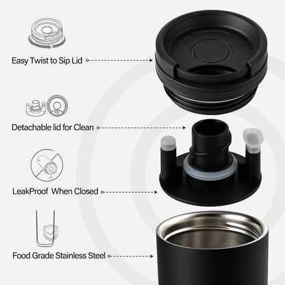 16 oz Travel Coffee Mug with Twist-Open Lid, Leak Proof Coffee Travel Mug, Insulated Tumbler Stainless Steel Coffee Cup For Hot And Iced Cold, Spill Proof Fits Cup Holder (Black)