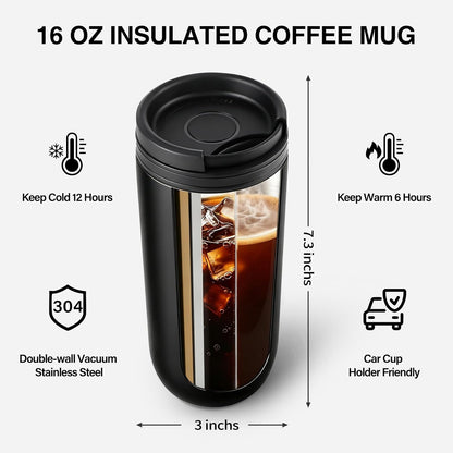 16 oz Travel Coffee Mug with Twist-Open Lid, Leak Proof Coffee Travel Mug, Insulated Tumbler Stainless Steel Coffee Cup For Hot And Iced Cold, Spill Proof Fits Cup Holder (Black)