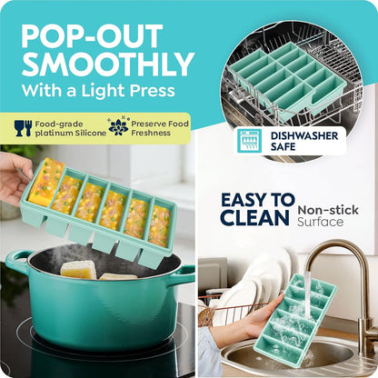 Silicone Freezer Trays with Lids, 1 Cup & 1/2 Cup Combo, Soup Container Style Ice Cube Trays, Reinforced Steel Rims, For Freezing Broth, Meal Prep and other dishes, Dishwasher & Oven Safe - 2 Pack