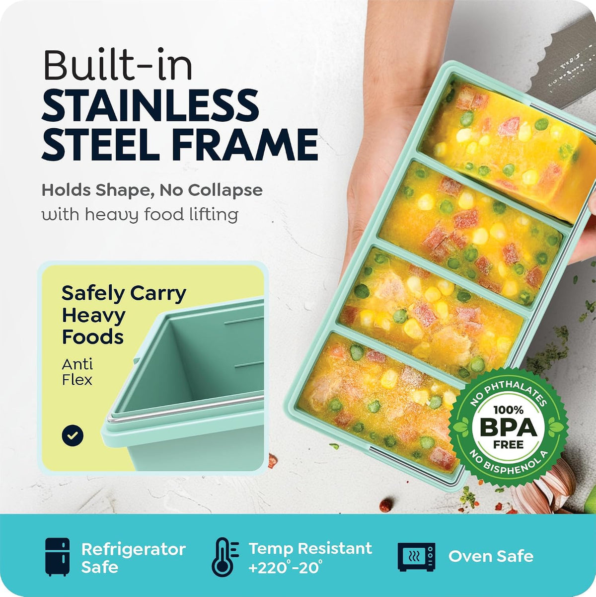 Silicone Freezer Trays with Lids, 1 Cup & 1/2 Cup Combo, Soup Container Style Ice Cube Trays, Reinforced Steel Rims, For Freezing Broth, Meal Prep and other dishes, Dishwasher & Oven Safe - 2 Pack