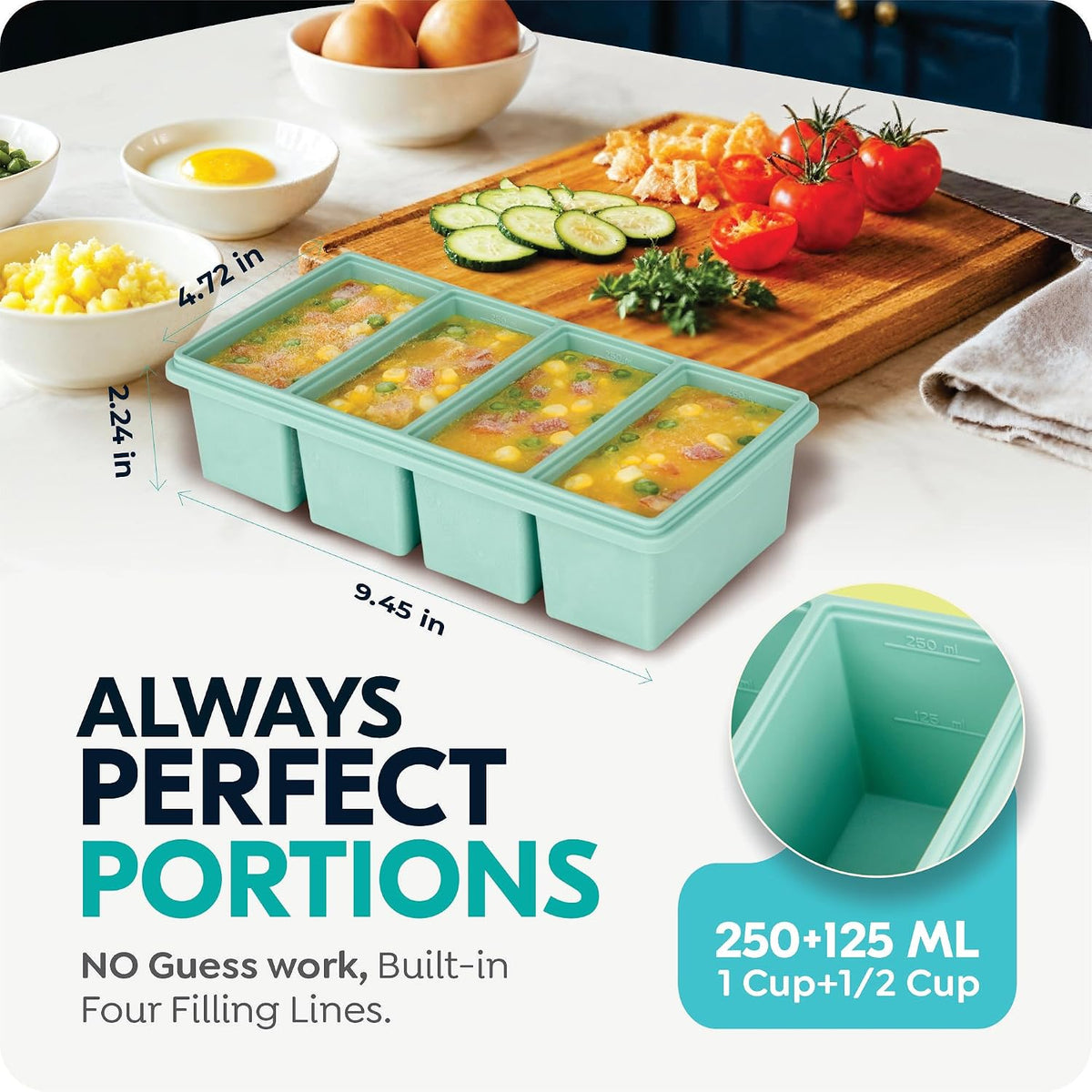 Silicone Freezer Trays with Lids, 1 Cup & 1/2 Cup Combo, Soup Container Style Ice Cube Trays, Reinforced Steel Rims, For Freezing Broth, Meal Prep and other dishes, Dishwasher & Oven Safe - 2 Pack