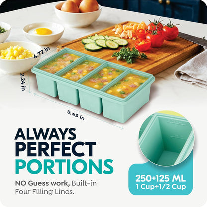 Silicone Freezer Trays with Lids, 1 Cup & 1/2 Cup Combo, Soup Container Style Ice Cube Trays, Reinforced Steel Rims, For Freezing Broth, Meal Prep and other dishes, Dishwasher & Oven Safe - 2 Pack
