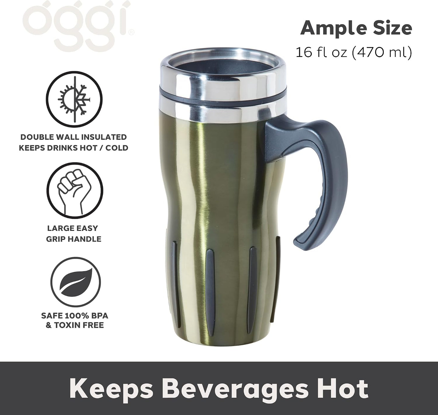 Multigrip Stainless Steel Thermal Travel Mug - 16oz, with slide open lid for hot and cold beverages.