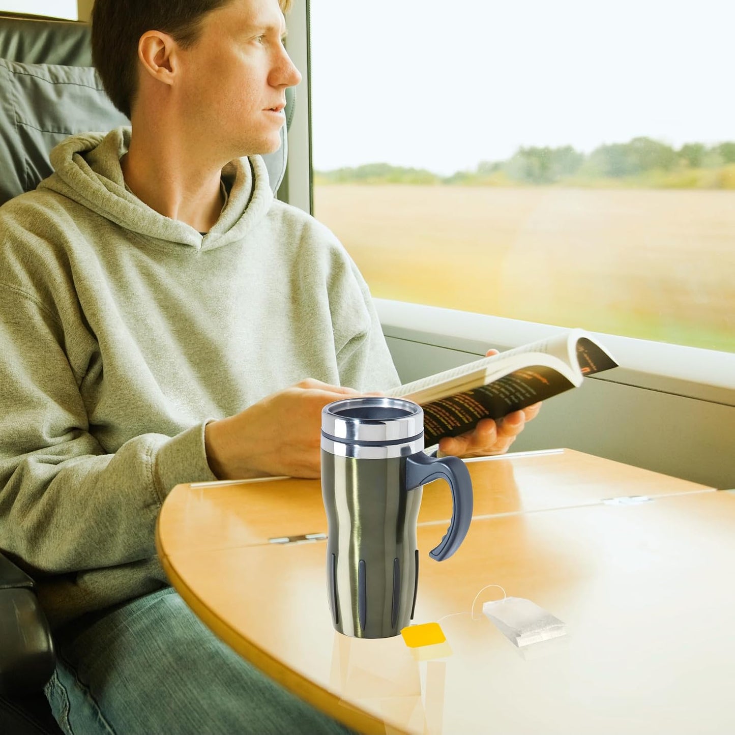 Multigrip Stainless Steel Thermal Travel Mug - 16oz, with slide open lid for hot and cold beverages.