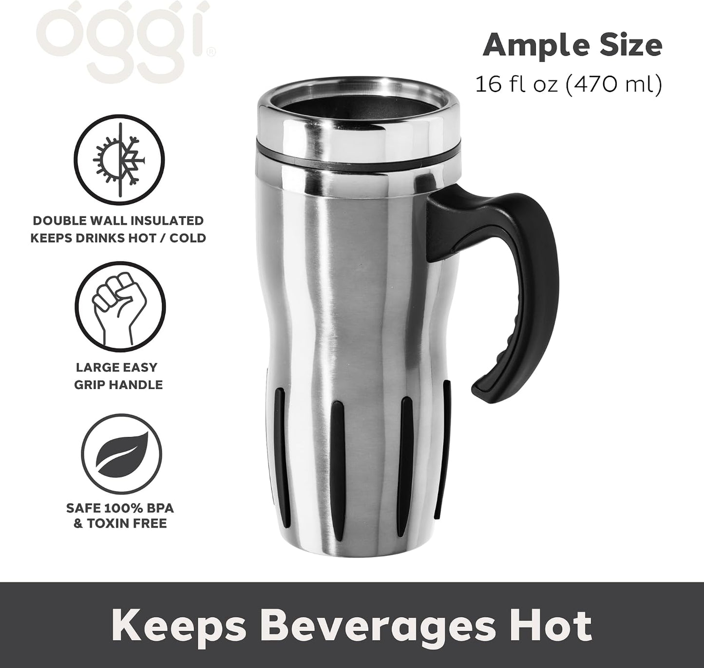 Multigrip Stainless Steel Thermal Travel Mug - 16oz, with slide open lid for hot and cold beverages.