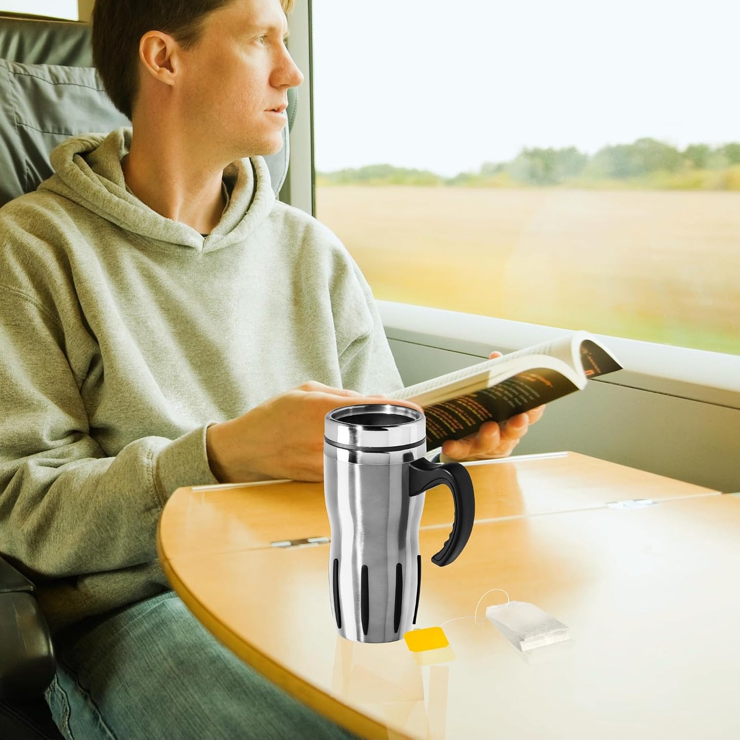 Multigrip Stainless Steel Thermal Travel Mug - 16oz, with slide open lid for hot and cold beverages.