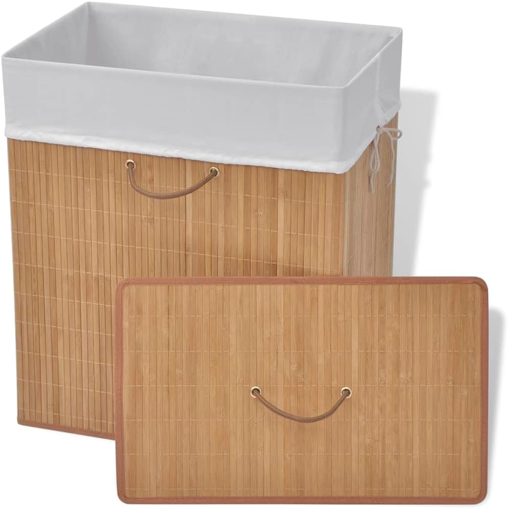 Bamboo Laundry Hamper with Removable Liner, Rectangular Storage Bin for Clothes, Toys, Lightweight Foldable Organizer for Bedroom, Bathroom, Nursery