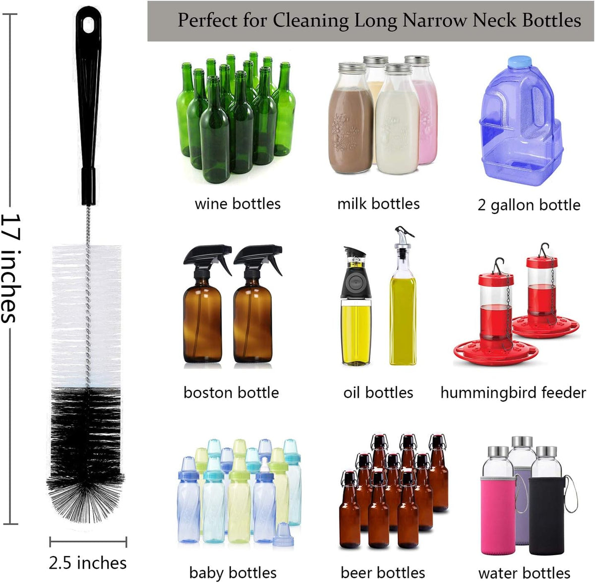 8-Pack Bottle Cleaning Brush Set - Long Handle Bottle Cleaner for Washing Narrow Wine/Beer Bottle, Thermos, Hummingbird Feeder, Sport Well, Plus Kettle/Straw Brush