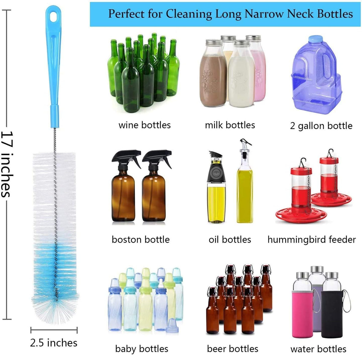 8-Pack Bottle Cleaning Brush Set - Long Handle Bottle Cleaner for Washing Narrow Wine/Beer Bottle, Thermos, Hummingbird Feeder, Sport Well, Plus Kettle/Straw Brush