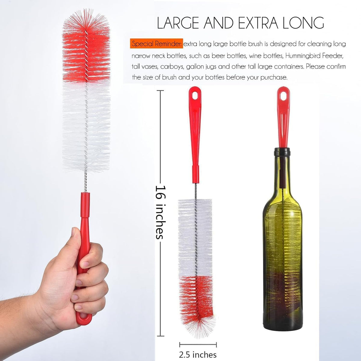 8-Pack Bottle Cleaning Brush Set - Long Handle Bottle Cleaner for Washing Narrow Wine/Beer Bottle, Thermos, Hummingbird Feeder, Sport Well, Plus Kettle/Straw Brush